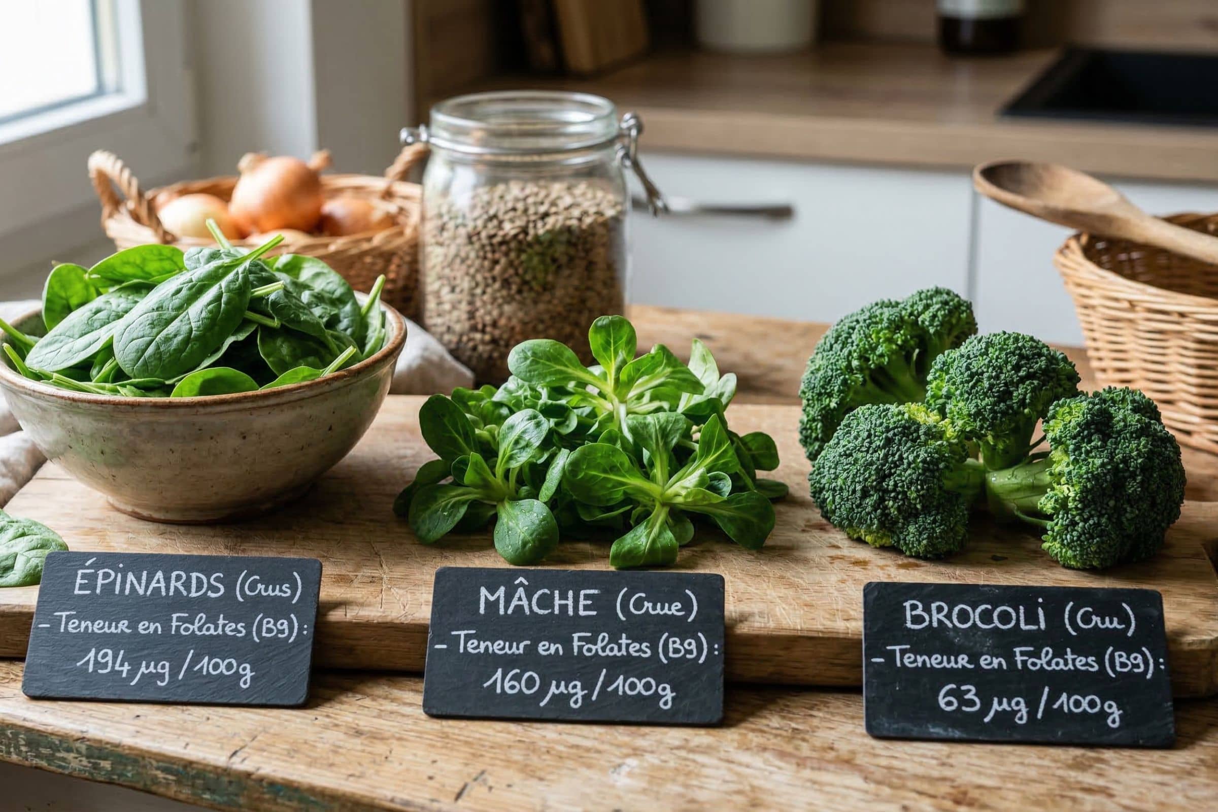 Légumes verts crus haute teneur en folate