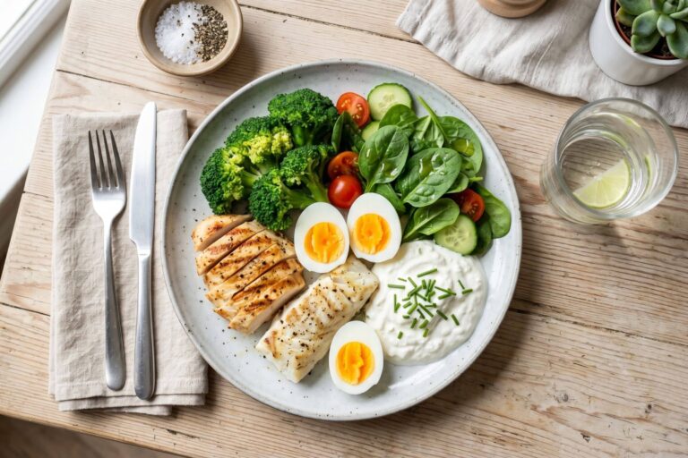 Assiette d'un régime hyperprotéiné : blanc de poulet, poisson blanc, œufs, fromage blanc et légumes verts