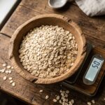 Bol de flocons d'avoine secs sur balance de cuisine affichant 50 g, soit 185 kcal