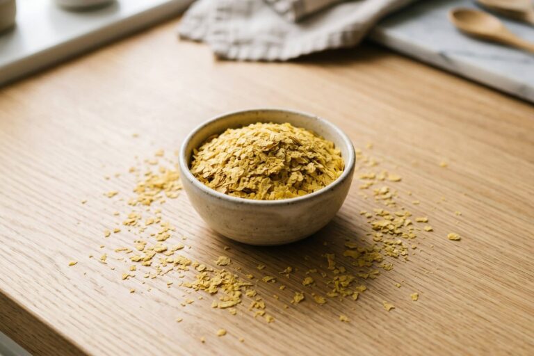 Bol de paillettes de levure de bière dorées sur un plan de travail clair, vue de dessus