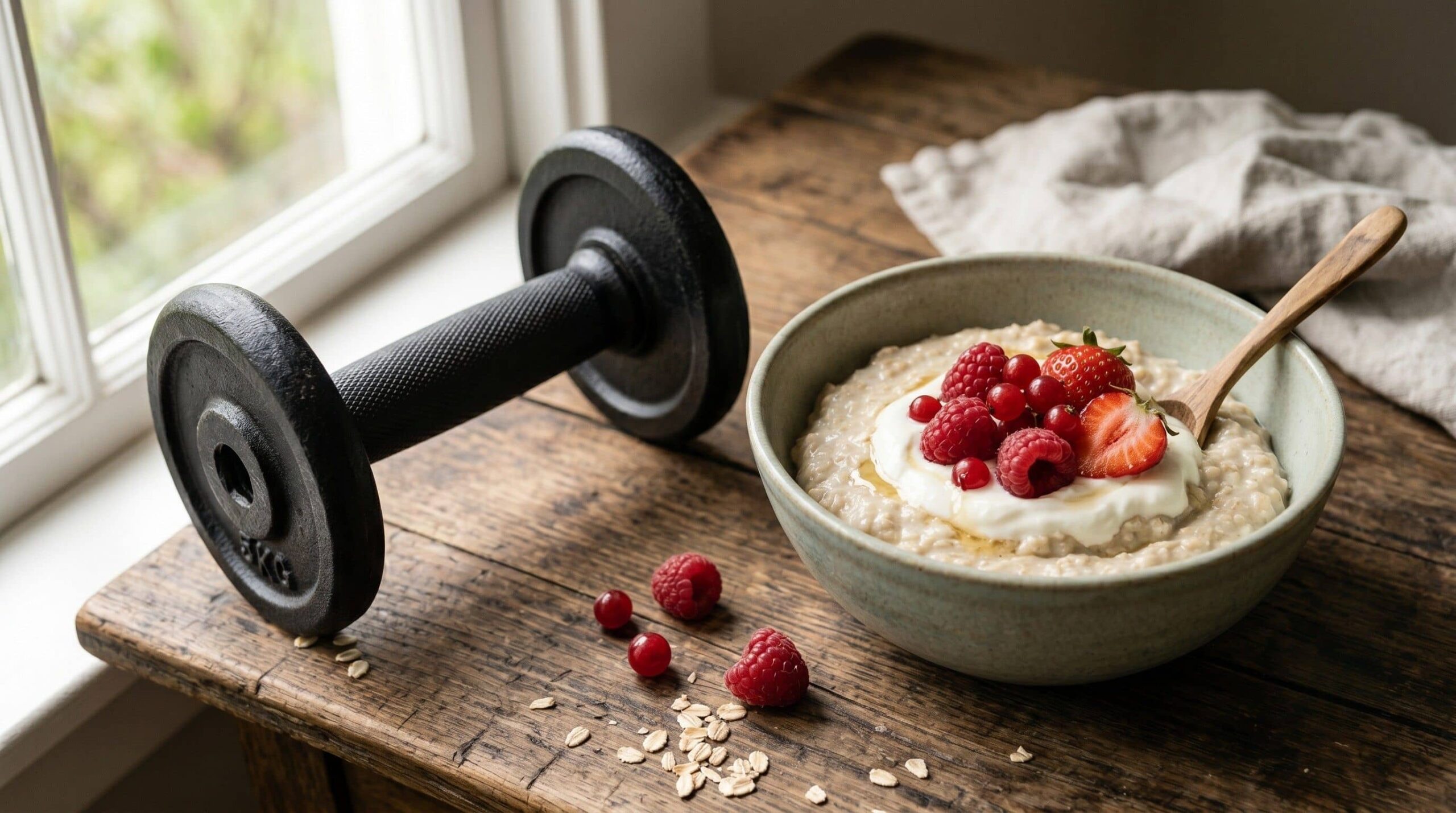 Bol de porridge avoine avec skyr et fruits rouges pour compléter les protéines avant le sport
