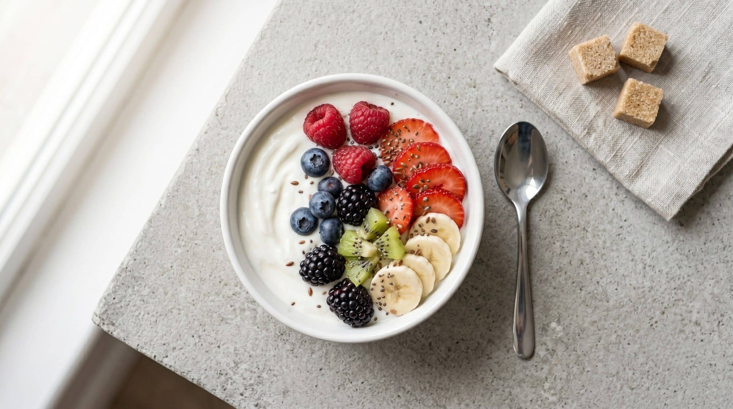 Bol de skyr nature garni de fruits frais, alternative aux versions aromatisées sucrées