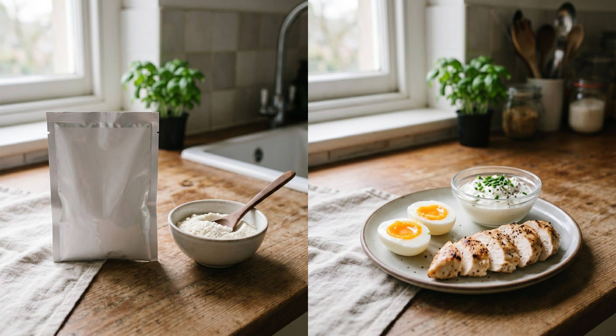 Comparaison entre un sachet de substitut protéiné en poudre et des aliments protéinés frais