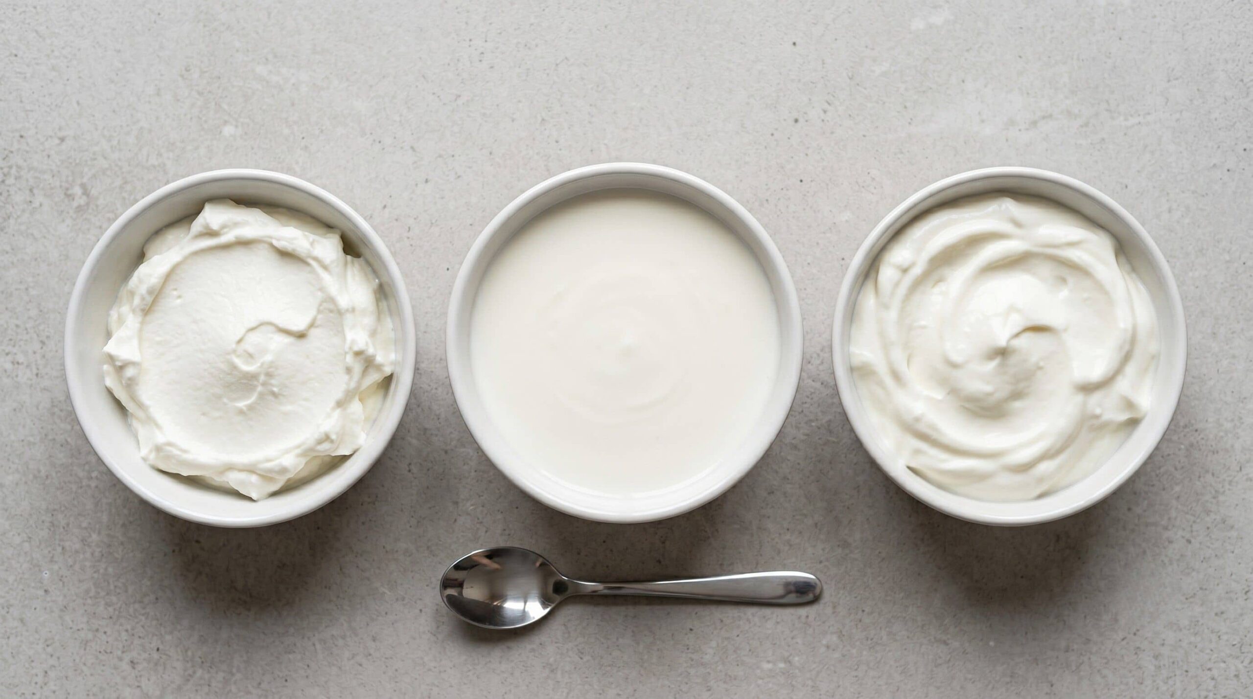 Comparatif visuel de texture entre skyr, fromage blanc et yaourt grec dans trois bols blancs