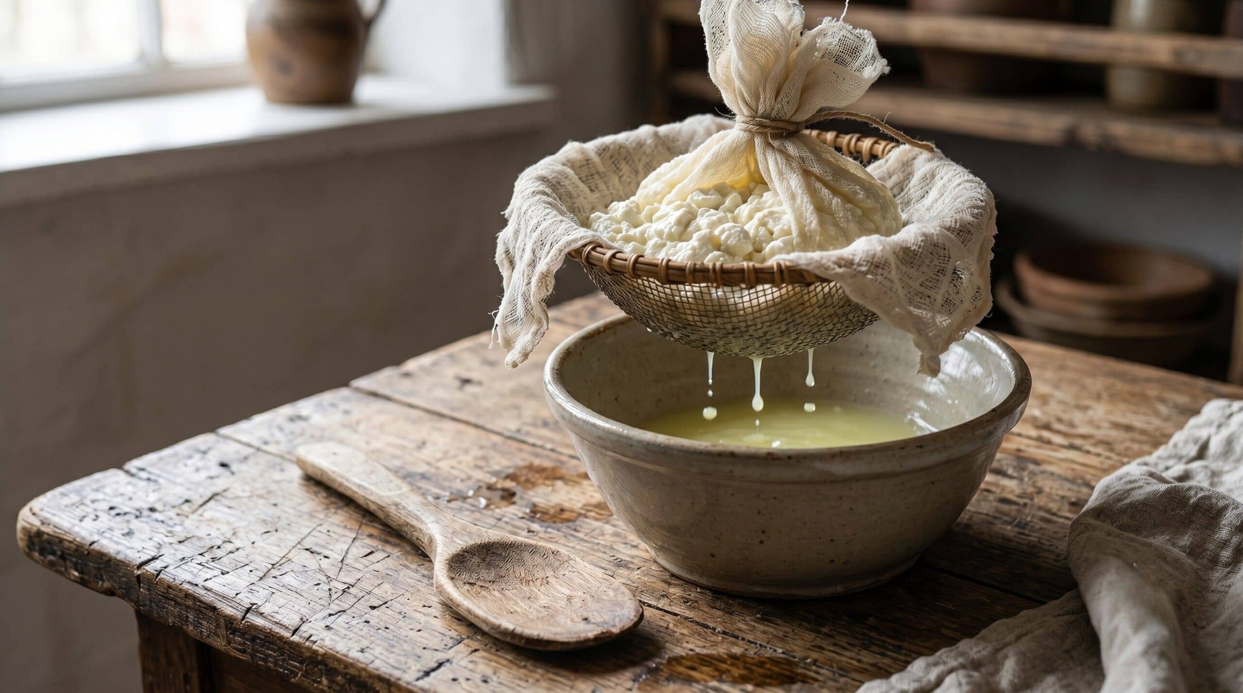 Égouttage du lait fermenté dans une étamine pour fabriquer du skyr, le petit-lait s'écoule dans un bol