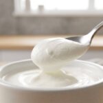 Pot de skyr nature ouvert avec une cuillère plongeant dans la texture dense et crémeuse