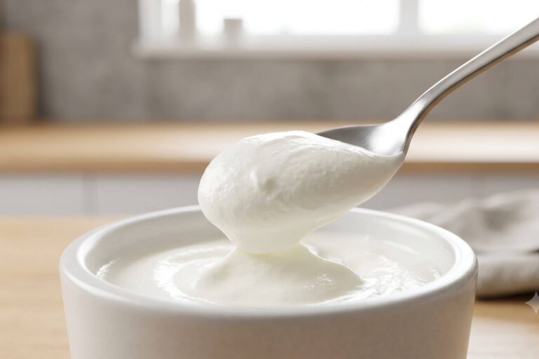 Pot de skyr nature ouvert avec une cuillère plongeant dans la texture dense et crémeuse