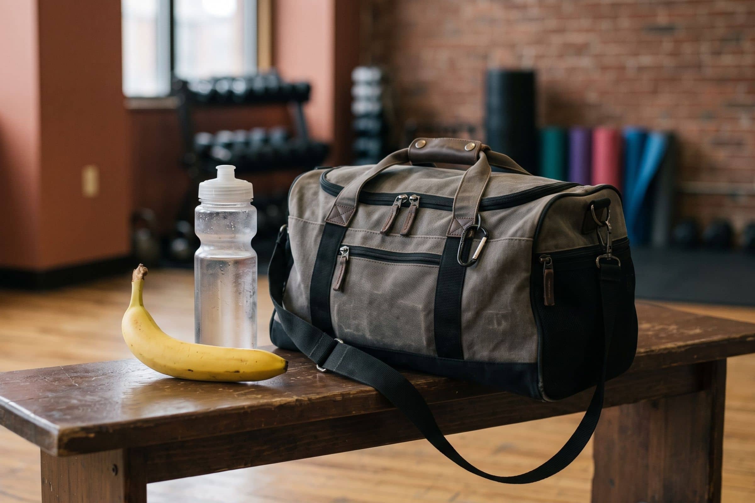 Banane mûre posée à côté d'une gourde et d'un sac de sport, illustrant la collation à prendre 30 à 60 minutes avant l'effort