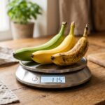 Trois bananes à différents stades de maturité posées sur une balance de cuisine, illustrant les calories réelles d'une banane selon son poids