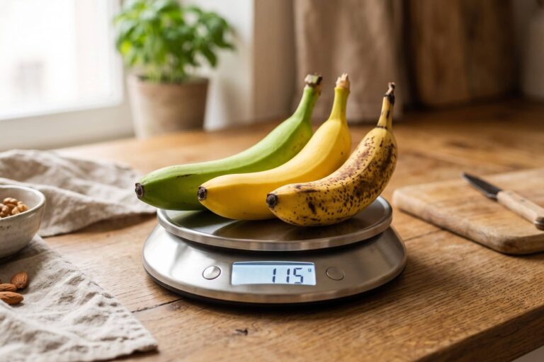 Trois bananes à différents stades de maturité posées sur une balance de cuisine, illustrant les calories réelles d'une banane selon son poids