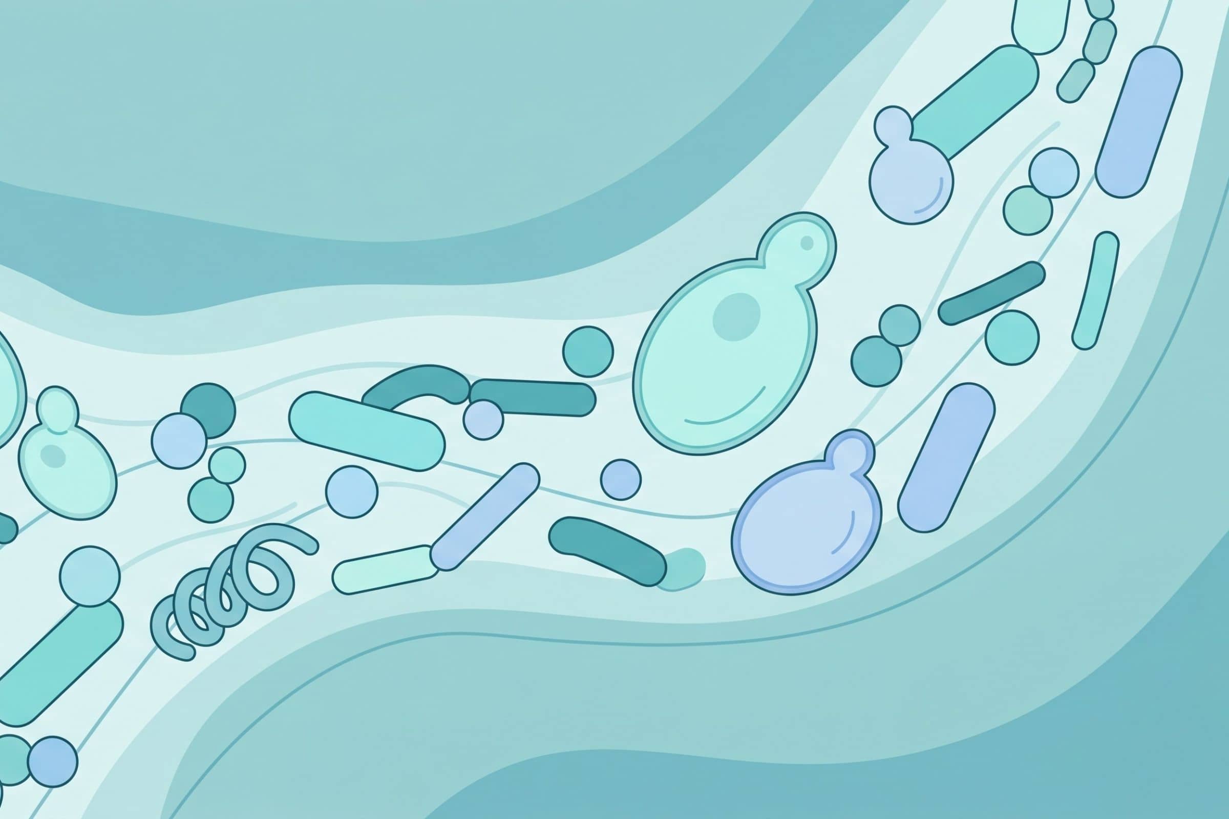 Illustration abstraite du microbiote intestinal et de cellules de levure en teintes bleu-vert