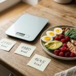 Balance de cuisine et assiette avec trois estimations caloriques différentes, illustrant l'imprécision du calcul des besoins caloriques journaliers