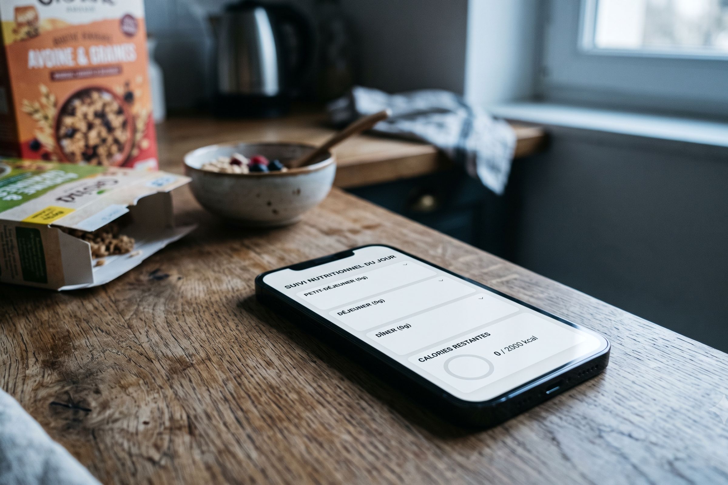 Application de comptage de calories sur smartphone à côté d'un emballage alimentaire, illustrant la marge d'erreur des valeurs affichées