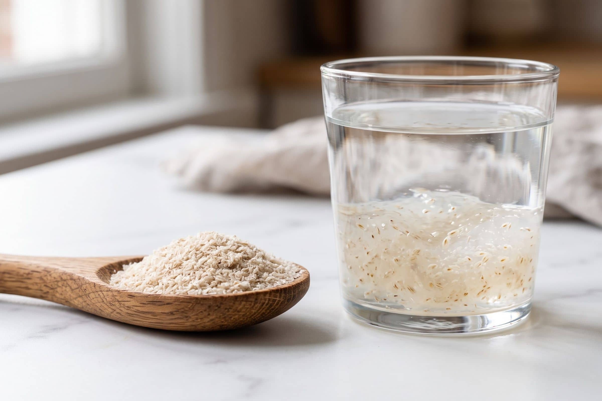 Psyllium blond : les téguments forment un mucilage au contact de l’eau Cuillère de téguments de psyllium blond à côté d'un verre d'eau où le mucilage gonfle