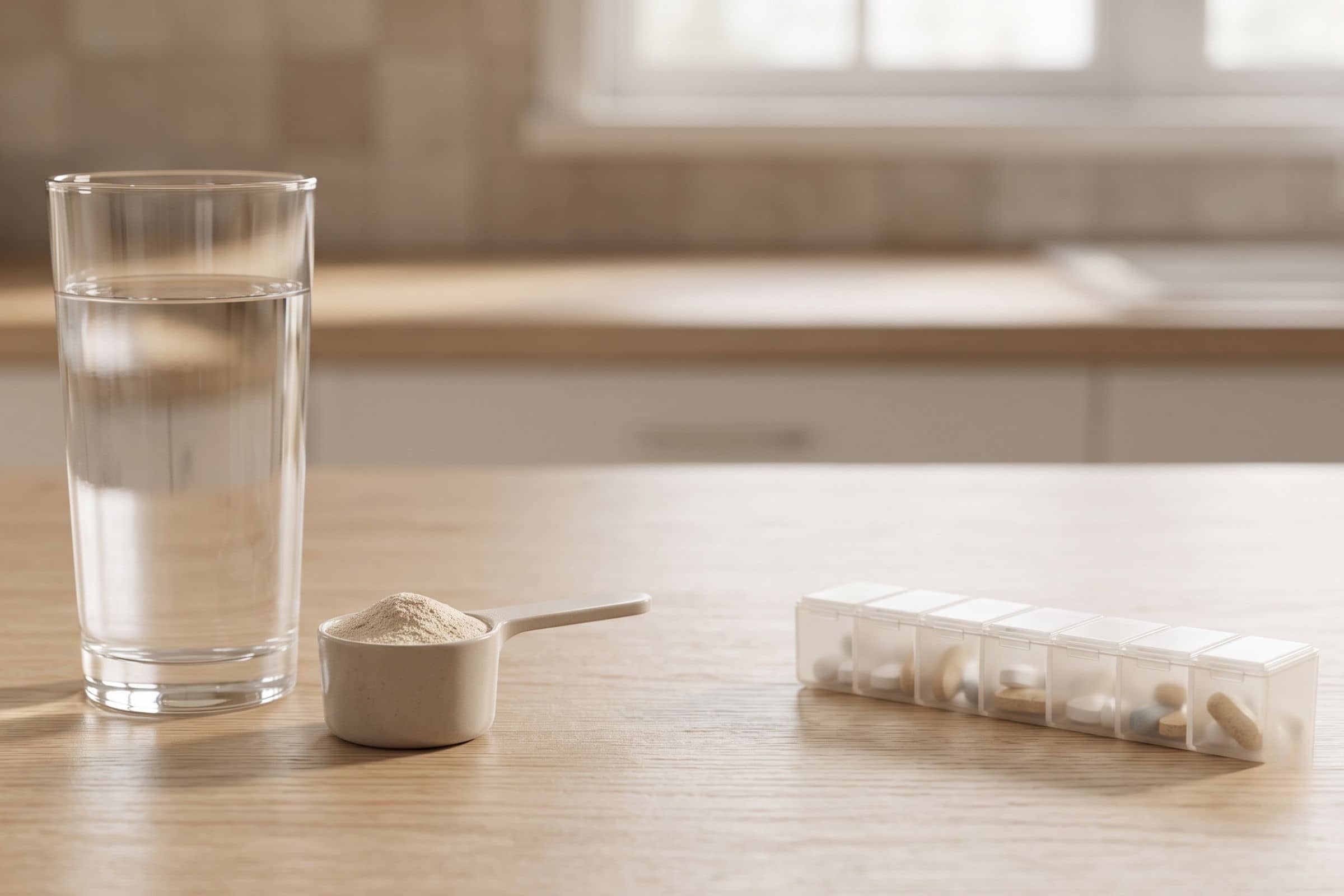 Verre d'eau, dosette de psyllium et pilulier séparés sur une table