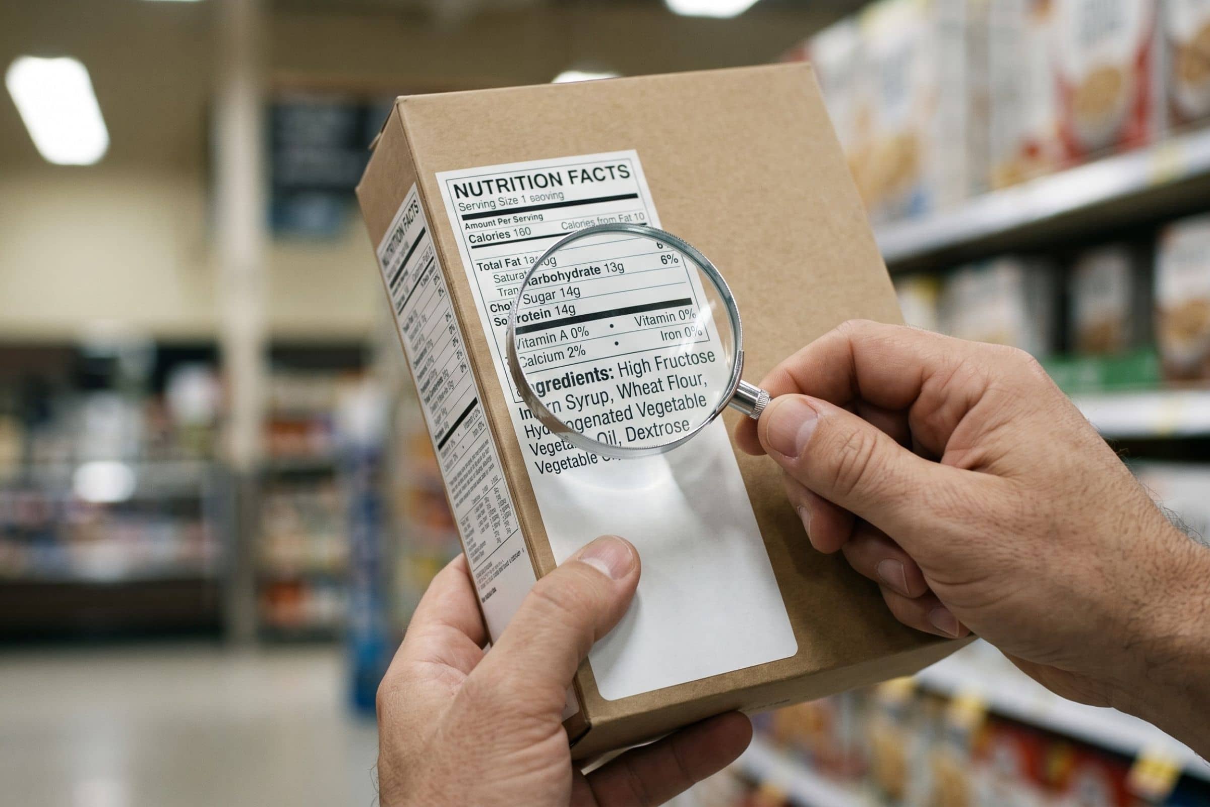 Loupe sur la liste d'ingrédients et la ligne « dont sucres » d'une étiquette nutritionnelle pour repérer les sucres cachés