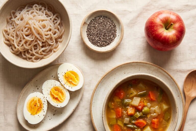 Aliments coupe-faim naturels disposés à plat : konjac, graines de chia, œufs durs, pomme et soupe de légumes