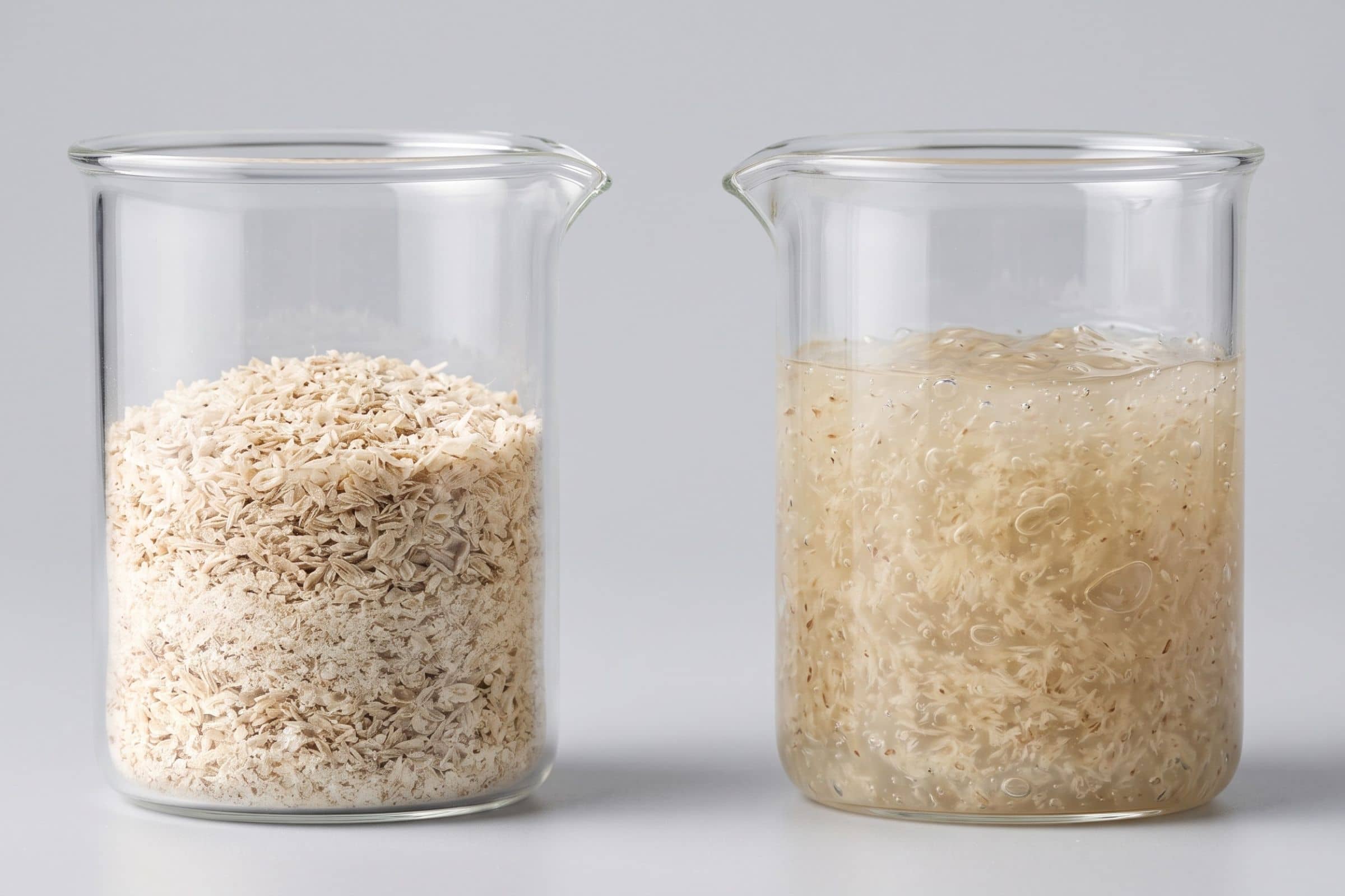 Comparaison en béchers entre psyllium sec et psyllium transformé en gel après hydratation