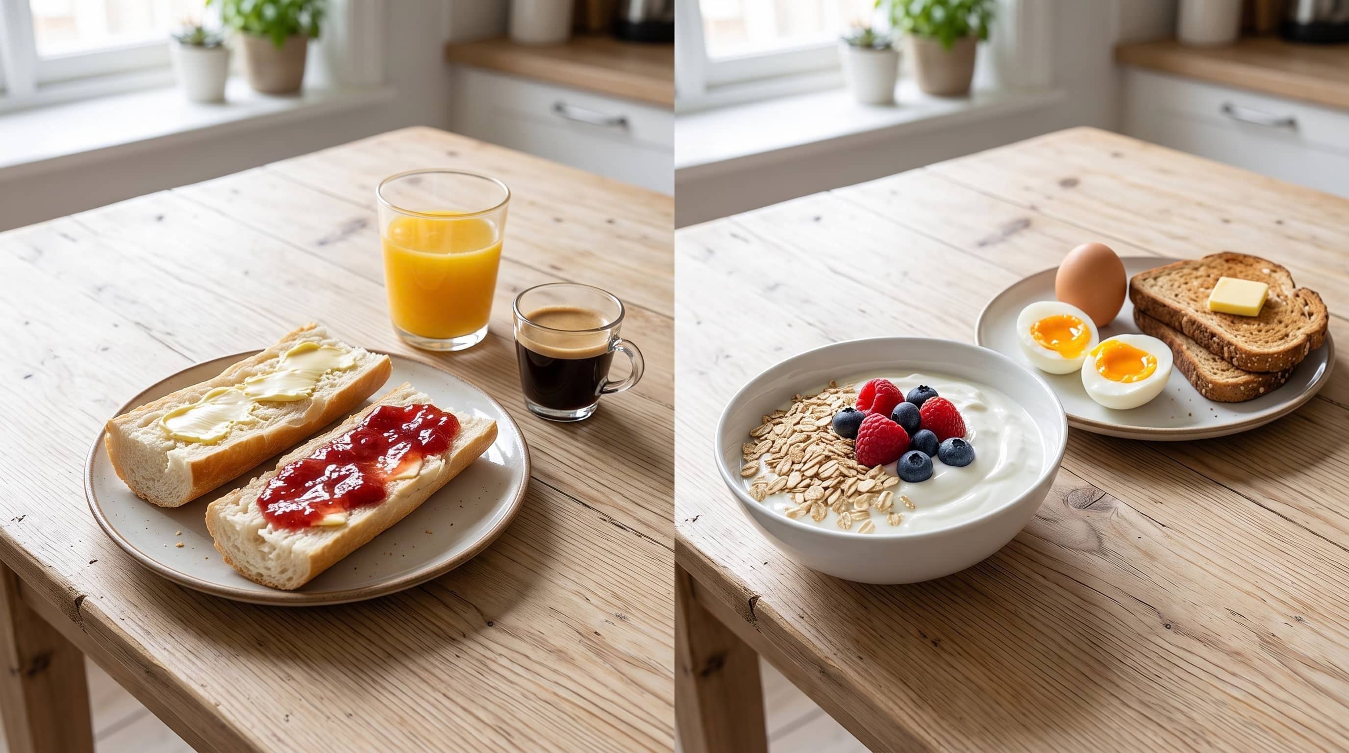 Aliments riches en protéines pour le petit-déjeuner : œufs, fromage blanc, jambon, saumon fumé, tofu et flocons d'avoine