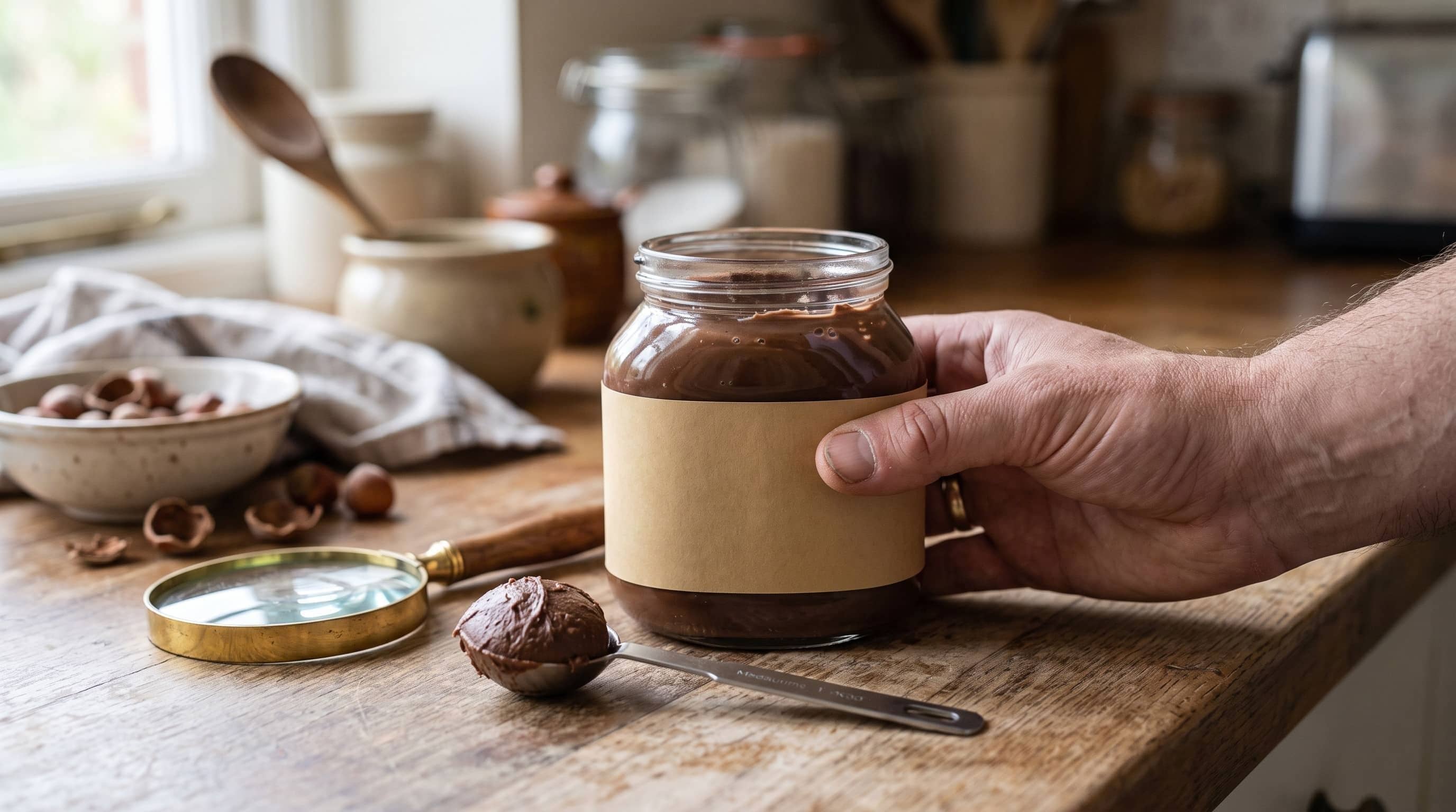 Pot de pâte à tartiner protéinée et cuillère à soupe illustrant la portion réelle consommée