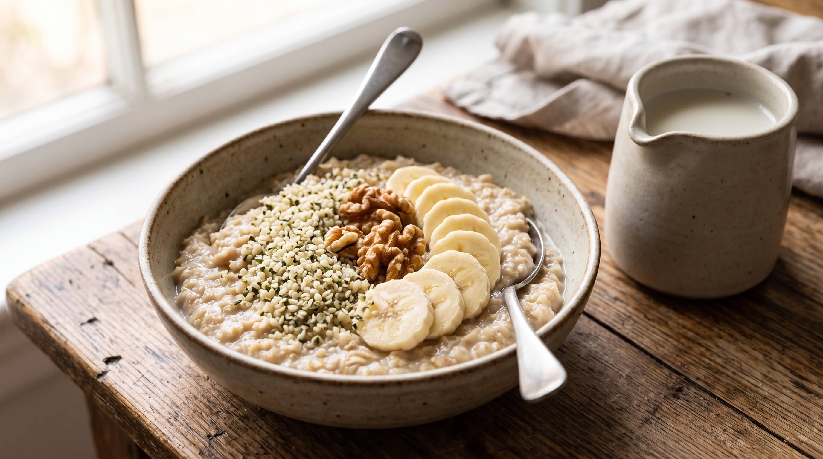 Porridge protéiné végétal aux flocons d'avoine, boisson soja et graines de chanvre